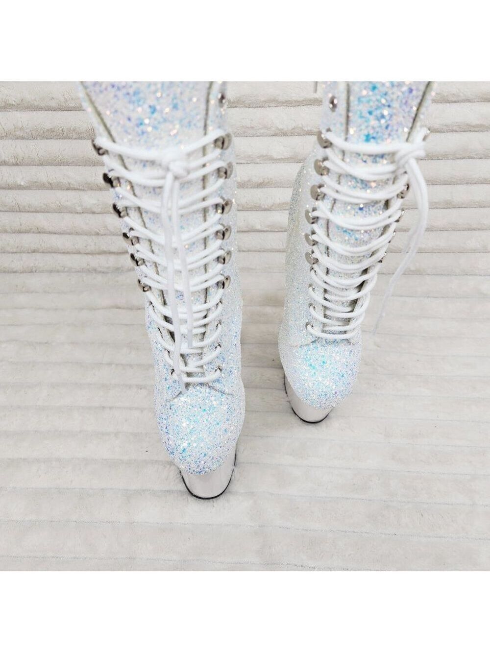 White Ice UV Glitter 8" Platform Heel Ankle Boots Flamingo - Picture 6 of 12